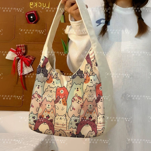 2024新款卡通貓狗單肩包百搭大容量學生帆布包通勤托特外出大合集