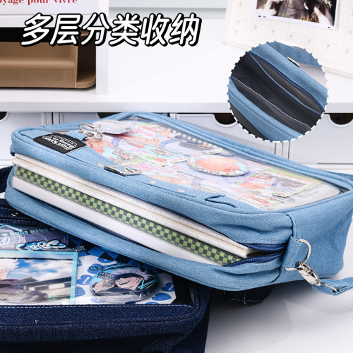 藍果新款牛仔單肩斜背痛包小食量穀子包手提大容量吧唧二次元透明