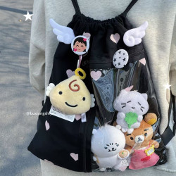 不想失業原創愛心抽繩痛包小衆黑色雙肩包簡約休閒學生大容量後後背包