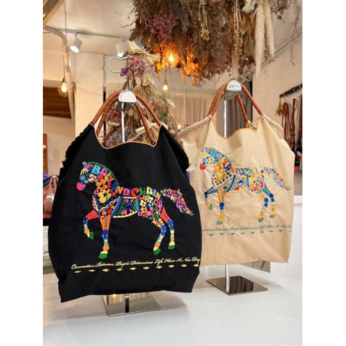 日本ball chain刺綉花朵馬環保袋帆布斜背夏天購物袋大容量通勤包