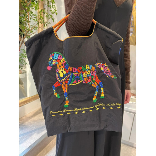 日本ball chain刺綉花朵馬環保袋帆布斜背夏天購物袋大容量通勤包