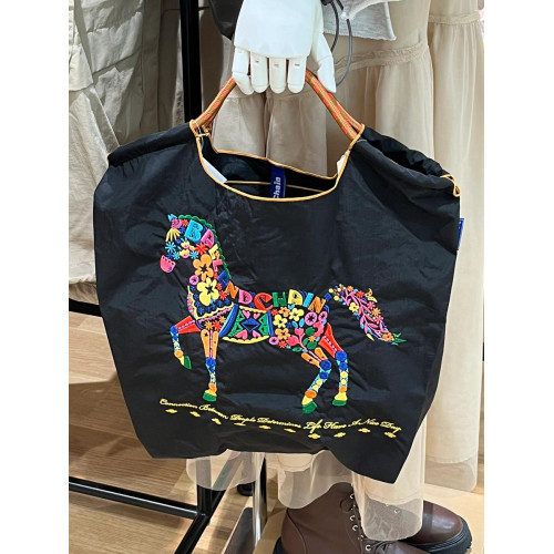 日本ball chain刺綉花朵馬環保袋帆布斜背夏天購物袋大容量通勤包