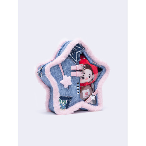 HIATUS原創設計牛仔藍粉撞色五角星痛包毛邊皮釦鉚釘雙肩斜背小包