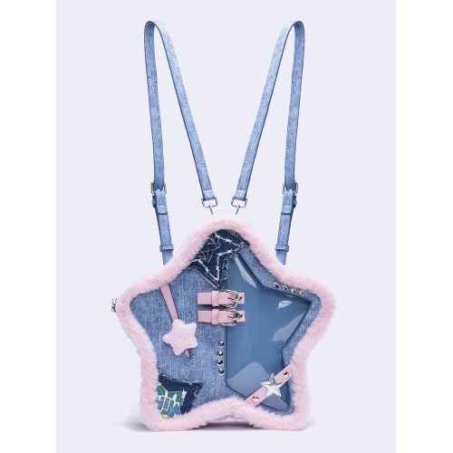 HIATUS原創設計牛仔藍粉撞色五角星痛包毛邊皮釦鉚釘雙肩斜背小包