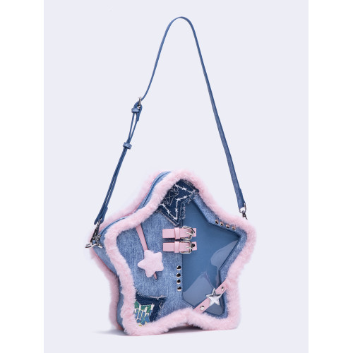 HIATUS原創設計牛仔藍粉撞色五角星痛包毛邊皮釦鉚釘雙肩斜背小包