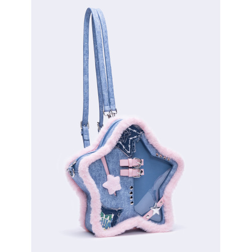 HIATUS原創設計牛仔藍粉撞色五角星痛包毛邊皮釦鉚釘雙肩斜背小包