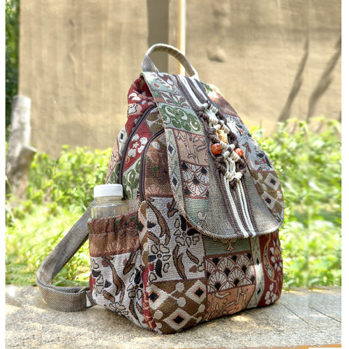 新款雲南原創民族風印花棉麻布雙肩包休閒旅遊後後背包復古加大潮包