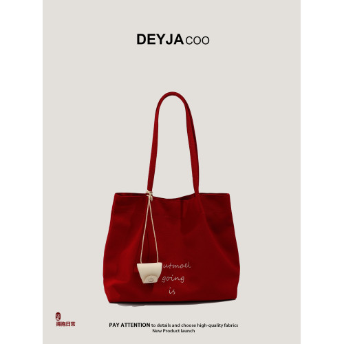 2025超火新款紅色帆布包托特包大學生上課通勤大容量單肩包女夏天