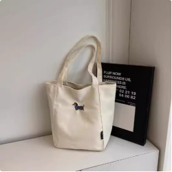 B刺綉臘腸狗帆布包女大容量學生上課手提袋休閒百搭單肩通勤托特b