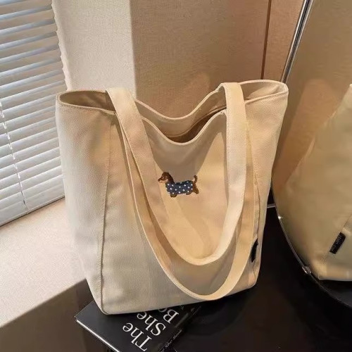 B刺綉臘腸狗帆布包女大容量學生上課手提袋休閒百搭單肩通勤托特b