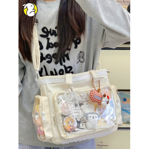 追星二次元痛包女大容量斜後後背包包可放10cm娃包透明層紅色單肩挎包