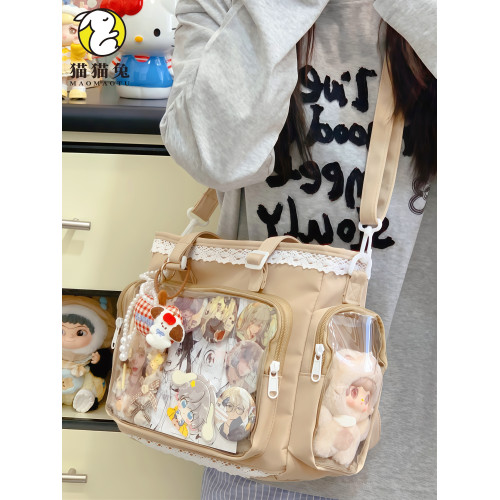 追星二次元痛包女大容量斜後後背包包可放10cm娃包透明層紅色單肩挎包