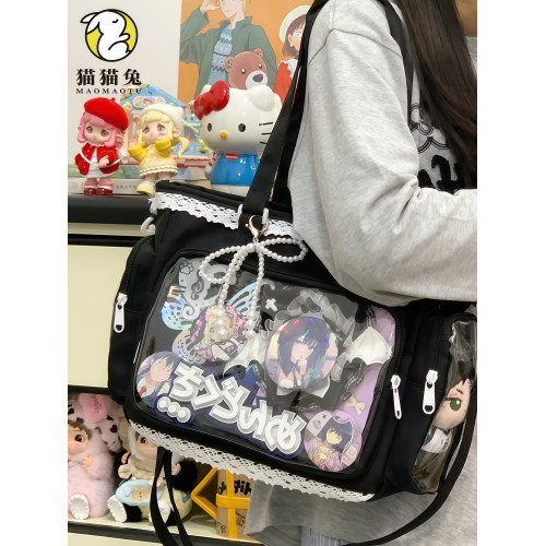 追星二次元痛包女大容量斜後後背包包可放10cm娃包透明層紅色單肩挎包