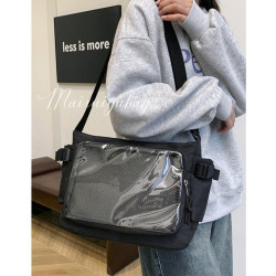少女學生大容量上課郵差包女可愛吧唧透明痛包簡約百搭單肩斜後後背包