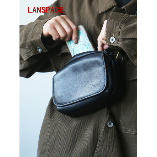 LANSPACE頭層牛皮單肩包男式真皮斜後後背包小包包手機包簡潔休閒繙蓋