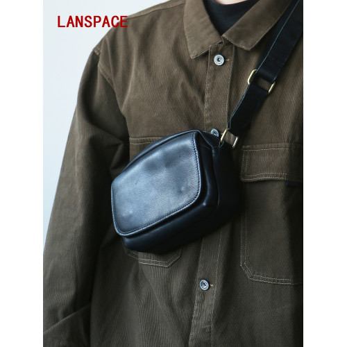 LANSPACE頭層牛皮單肩包男式真皮斜後後背包小包包手機包簡潔休閒繙蓋