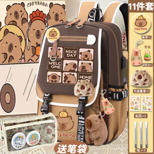 新款卡皮巴拉雙肩包大容量多功能休閒百搭小學生書包外出女孩後後背包