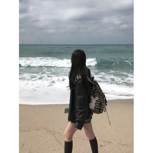 newjeans同款韓國雙肩包小衆設計拼色條紋機能羊毛雙肩書包休閒包