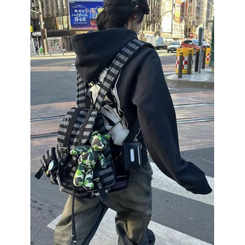 newjeans同款韓國雙肩包小衆設計拼色條紋機能羊毛雙肩書包休閒包