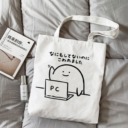 ekot日語表情帆布袋日本搞怪表情包時尚托特包學生書包拉鍊手提包