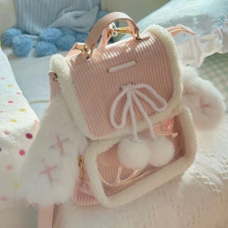 ZAPCRA粉色兔耳朵可愛毛茸茸雙肩包2024秋冬休閒簡約大容量痛包