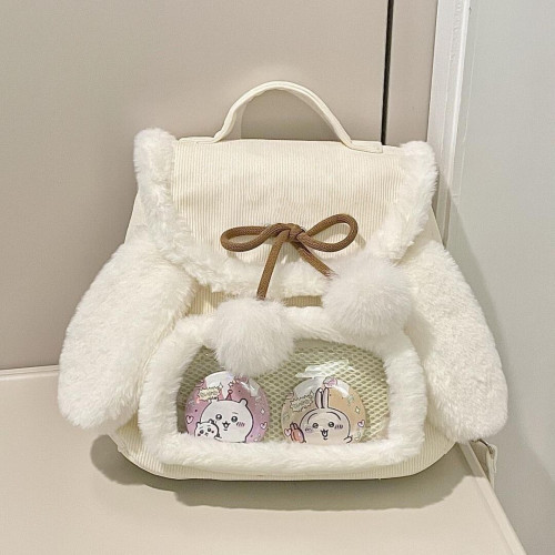 ZAPCRA粉色兔耳朵可愛毛茸茸雙肩包2024秋冬休閒簡約大容量痛包