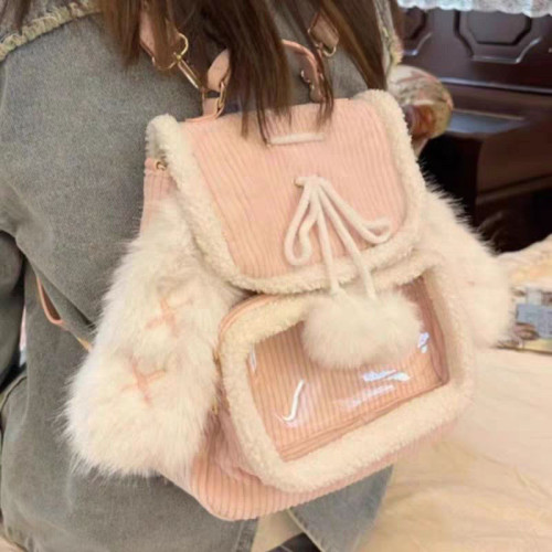 ZAPCRA粉色兔耳朵可愛毛茸茸雙肩包2024秋冬休閒簡約大容量痛包