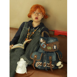 小衆原創設計牛仔雙肩包元氣可愛趣味大容量包包日常搭配通勤大包