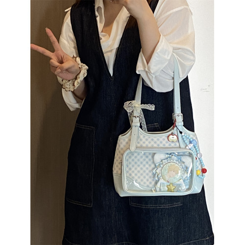 錢一波痛包｜原創天藍色格紋單肩痛包娃包兩用小食量日常通勤上課