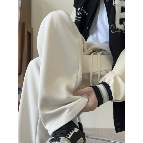 白色褲子男款冬季加絨男生濶腿長褲男士寬鬆直筒休閒春秋運動衛褲