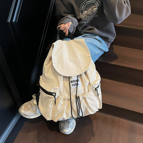 輕便休閒慵懶風2025新款抽繩雙肩包格子多口袋後後背包書包雙肩包