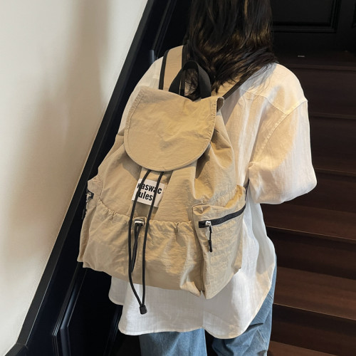 輕便休閒慵懶風2025新款抽繩雙肩包格子多口袋後後背包書包雙肩包