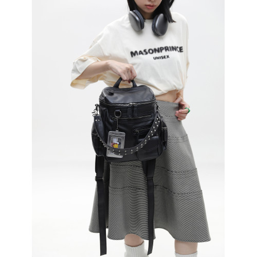 簡著 /原創 小號裡斯林肯高級黑多口袋辣妹鉚釘機車Y2K單肩雙肩包