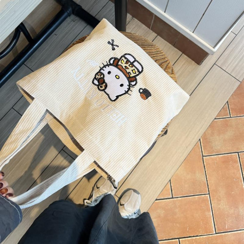 原創美拉德刺綉豹紋Kitty手提包可愛大容量百搭手拎包燈芯絨小包