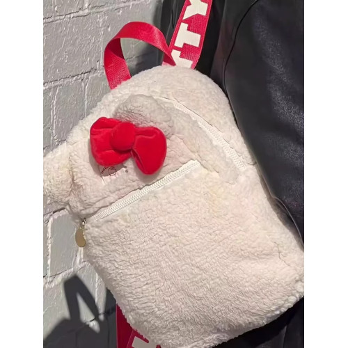 可愛卡通雙肩包白色毛絨後後背包大容量通勤百搭輕便蝴蝶結後後背包