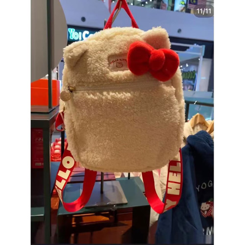 可愛卡通雙肩包白色毛絨後後背包大容量通勤百搭輕便蝴蝶結後後背包