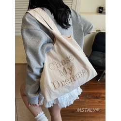 ins慵懶風字母刺綉帆布包女式2026新款時尚輕便購物袋通勤托特包