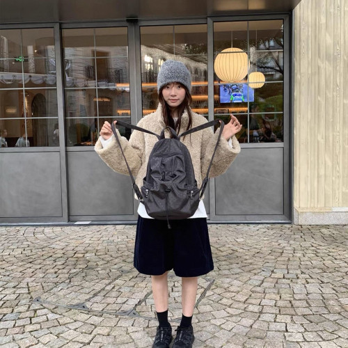 韓國原創設計波點多口袋書包女休閒學院風後後背包高中大學生雙肩包