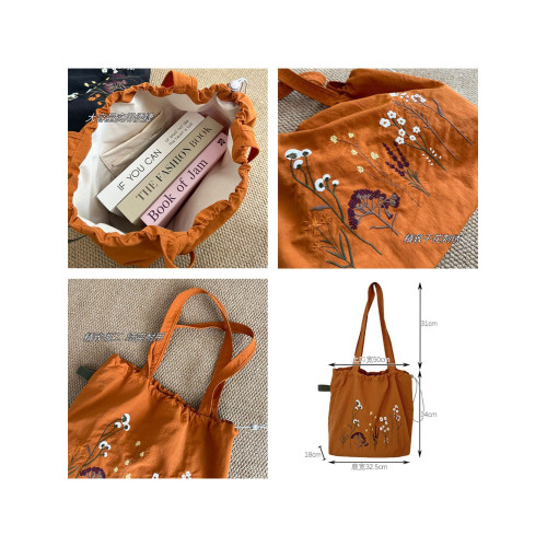 新款日系復古乾花刺綉托特包森系尼龍束口包大容量單肩通勤上課包 新款日系復古乾花刺綉托特包森系尼龍束口包大容量單肩通勤上課包