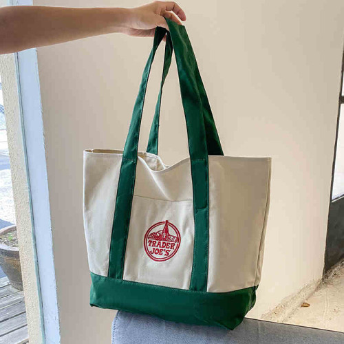 Trader joe's包缺德舅拼色刺綉大容量購物袋帆布袋休閒手提單肩包