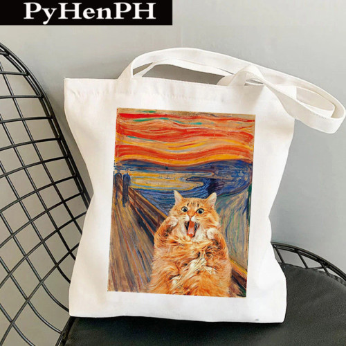 Scream Canvas Tote Bag 貓咪油畫風印花手提單肩帆布包托特包袋