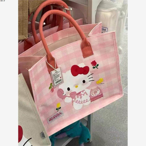 HelloKitty同款2024新款卡通手提包帆布印花凱蒂貓女購物袋