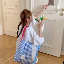 自製韓國ins多巴胺配色格子棉布袋日系學生文藝帆布包百搭單肩包