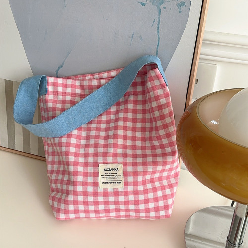 自製韓國ins多巴胺配色格子棉布袋日系學生文藝帆布包百搭單肩包