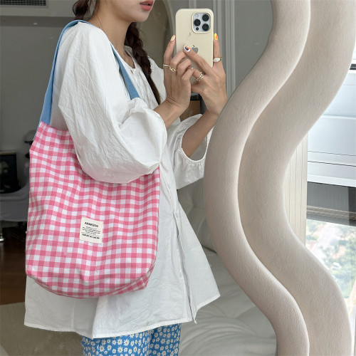 自製韓國ins多巴胺配色格子棉布袋日系學生文藝帆布包百搭單肩包