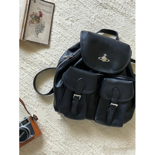 高級感荔枝紋抽繩雙肩包女2026新款學院風小衆中古雙口袋後後背包書包