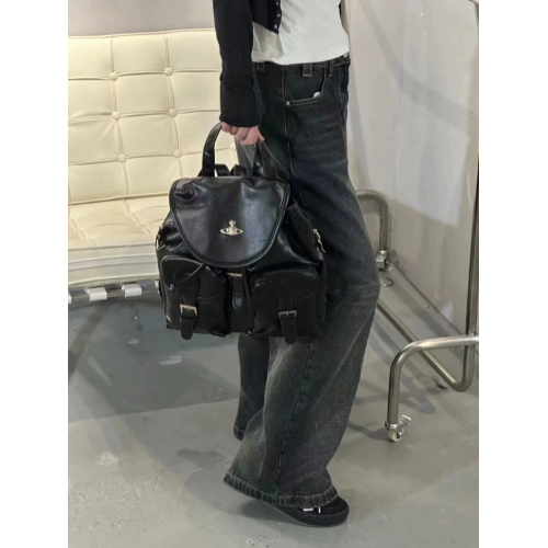 高級感荔枝紋抽繩雙肩包女2026新款學院風小衆中古雙口袋後後背包書包