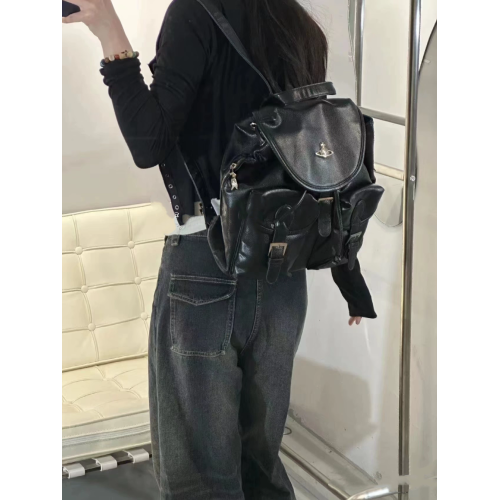 高級感荔枝紋抽繩雙肩包女2026新款學院風小衆中古雙口袋後後背包書包