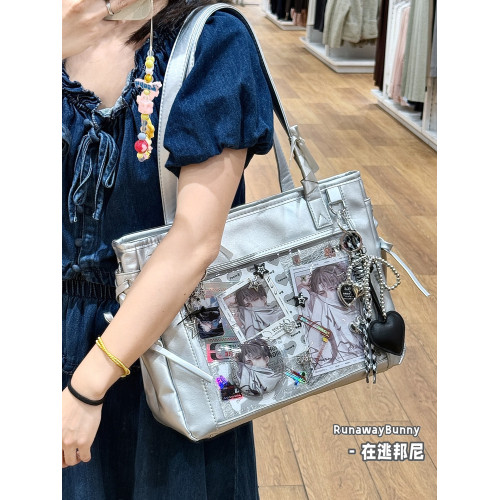 原創自製痛包-皮面甜美綁帶托特-大容量通勤單肩斜後後背包二次元娃包