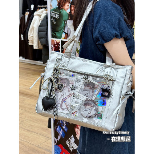 原創自製痛包-皮面甜美綁帶托特-大容量通勤單肩斜後後背包二次元娃包